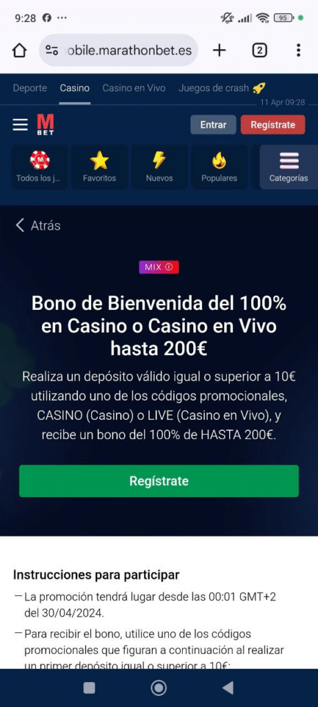 captura de pantalla del bono de bienvenida de casino de Marathonbet España