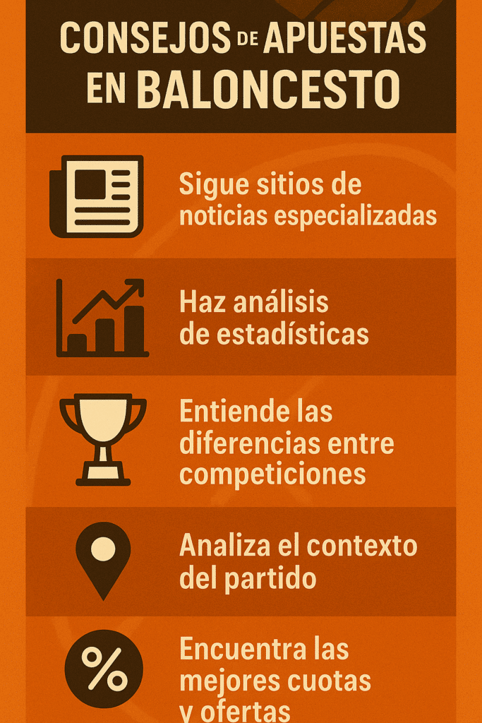 Pronósticos Baloncesto Hoy: ¡NBA, Euroliga, ACB y Más! 22 Infográfico de pronósticos baloncesto con “Consejos de Apuestas en Baloncesto” con cinco íconos y textos: noticias especializadas, análisis de estadísticas, diferencias de competiciones, contexto del partido y mejores cuotas y ofertas.