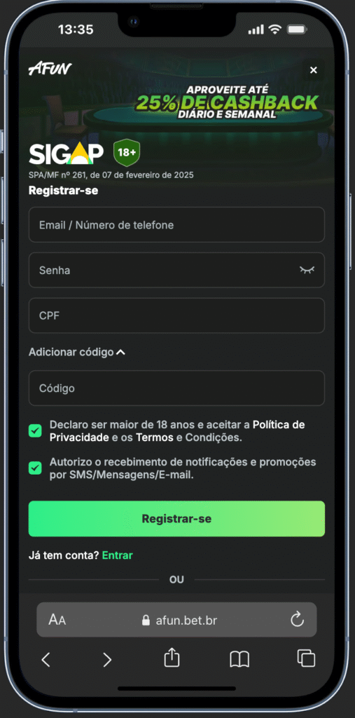 cadastro sem código de recompensa afun