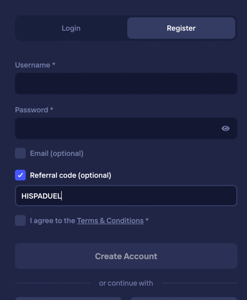 cómo registrarse con el código promocional duel.com