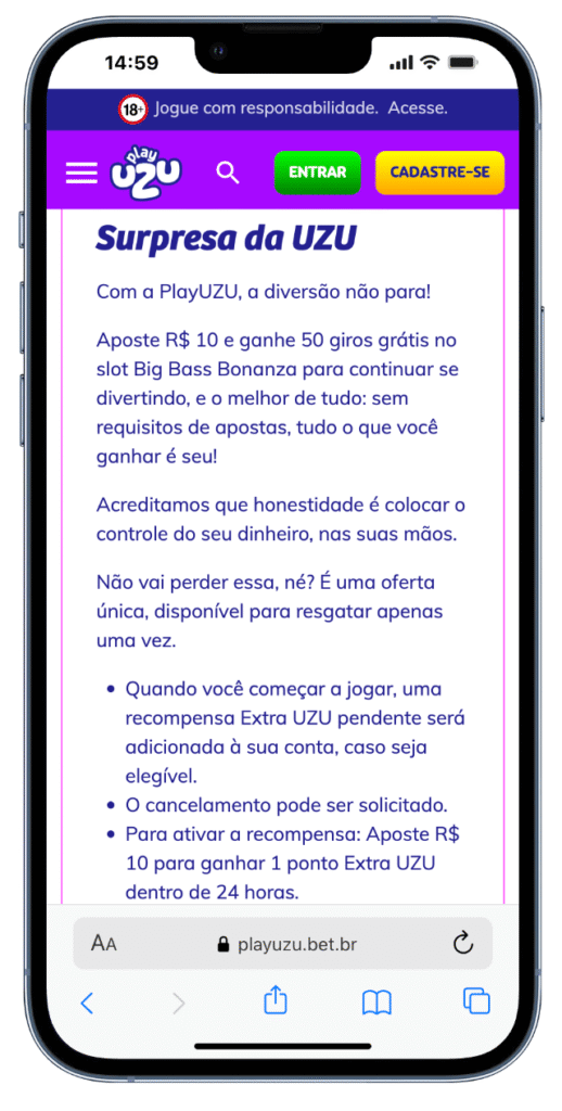 rodadas grátis da PlayUZU: aposte R$ 10 e ganhe 50 giros grátis