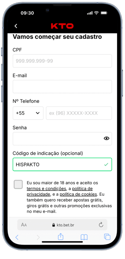 cadastro usando o código do cupom KTO: HISPAKTO