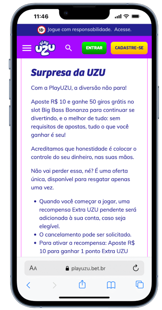 bônus sem rollover da PlayUZU