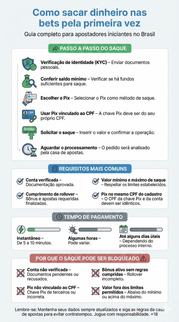 Como sacar nas bets pela primeira vez? Dicas de saques em casas de apostas 2 infográfico explicando passo a passo como sacar dinheiro nas bets
